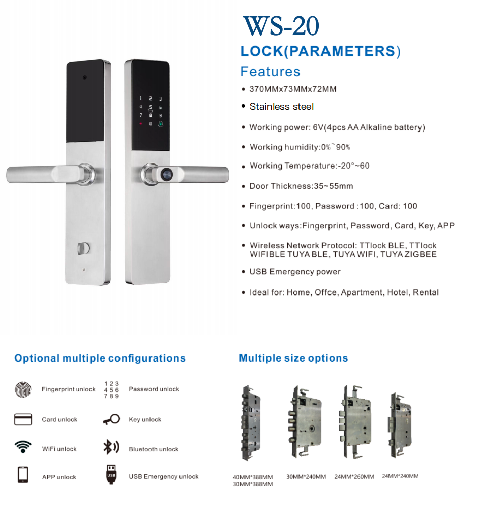 WASAI WS-20 Smart Door Lock - Front and Back View, Silver Stainless Steel