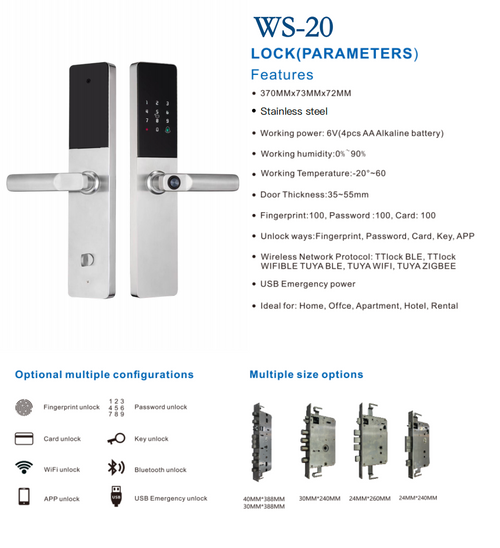 WASAI WS-20 Smart Door Lock - Front and Back View, Silver Stainless Steel