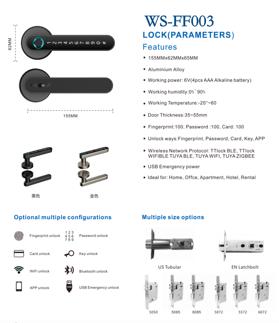 WASAI WS-FF003 Smart Door Lock - Black and Gold Aluminium Alloy Handle Lock